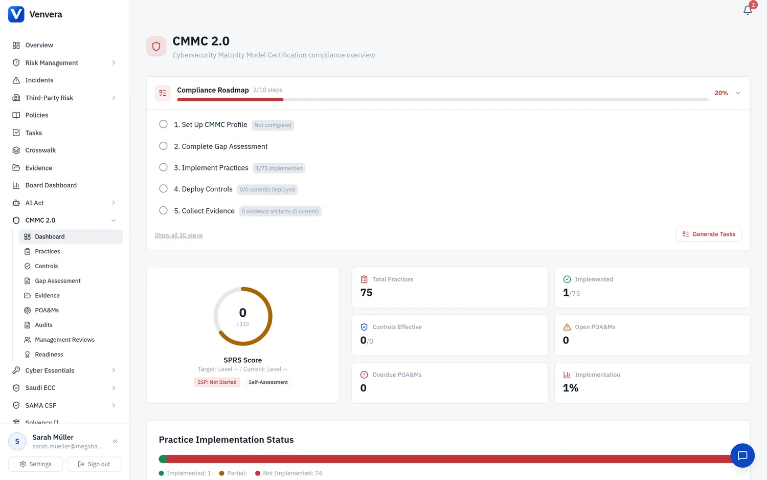 Venvera CMMC 2.0 dashboard
