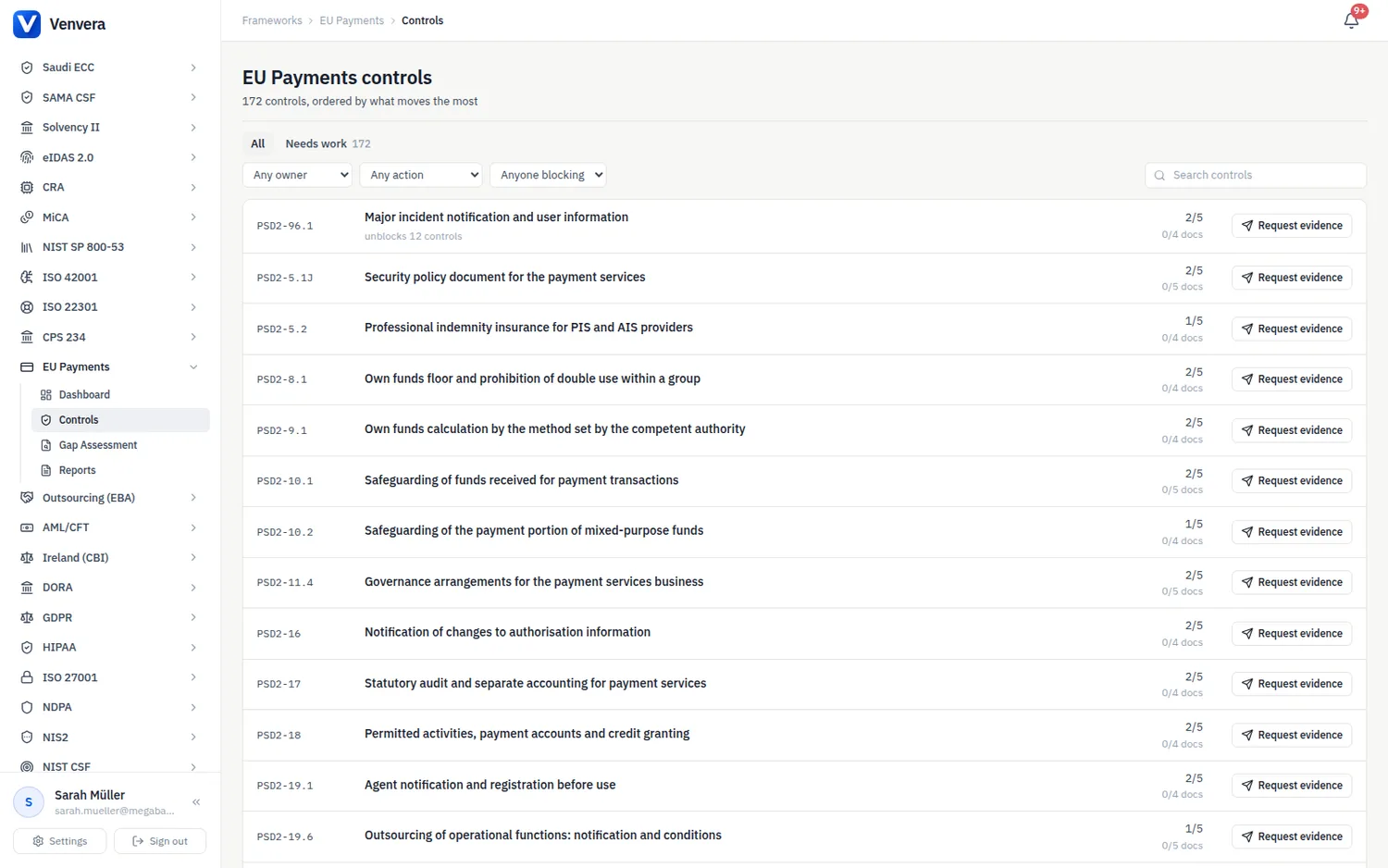 The EU Payments requirements list with references, readiness scores, evidence counts and Request evidence buttons