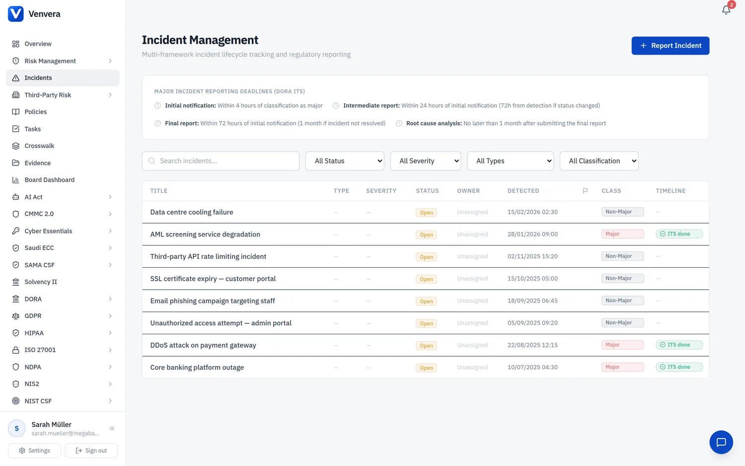 Venvera incident management with DORA ITS reporting timelines