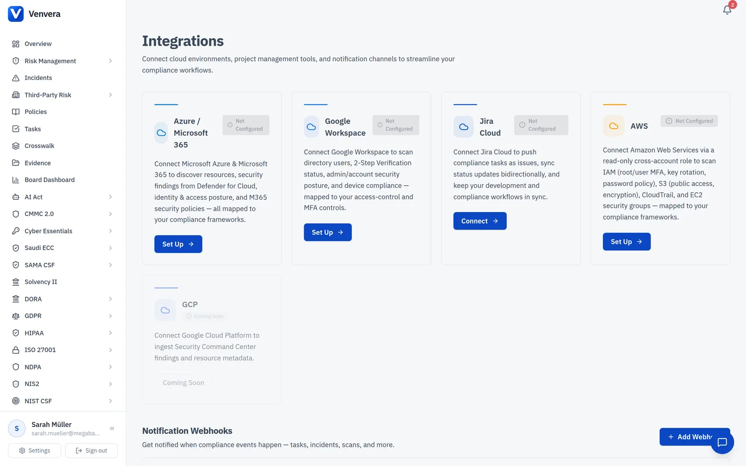 The Integrations hub Venvera integrations hub with cloud posture scanners and connection status