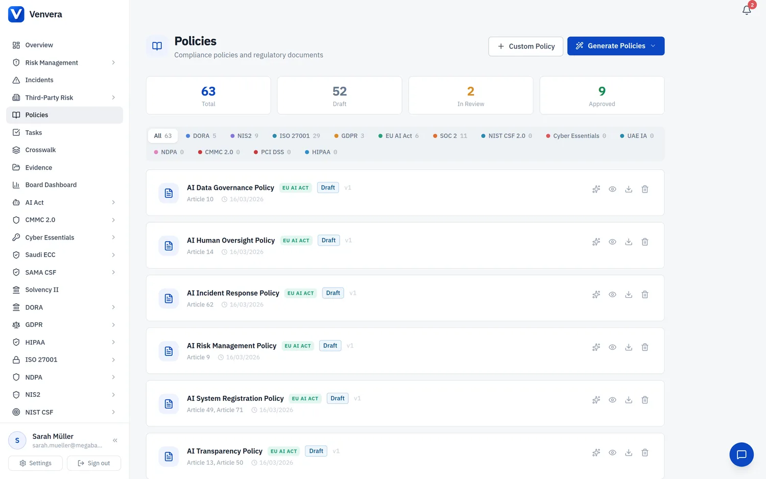 Venvera policy library and lifecycle management