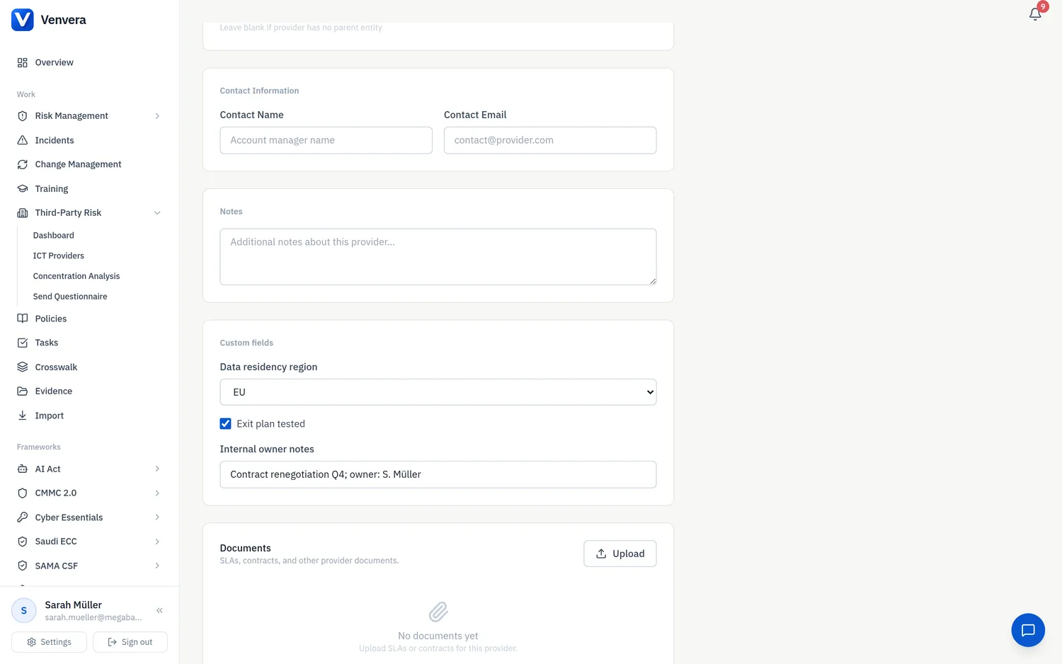 The Custom fields section on the provider form: a select, a checkbox and a text field defined by the tenant. Custom fields section on the Venvera provider form