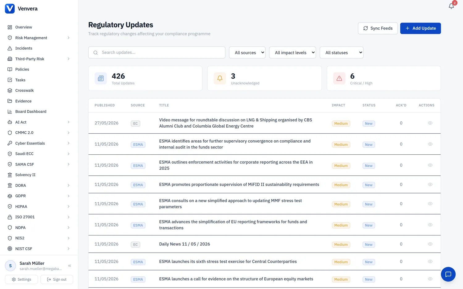 Venvera regulatory update tracking and impact assessment