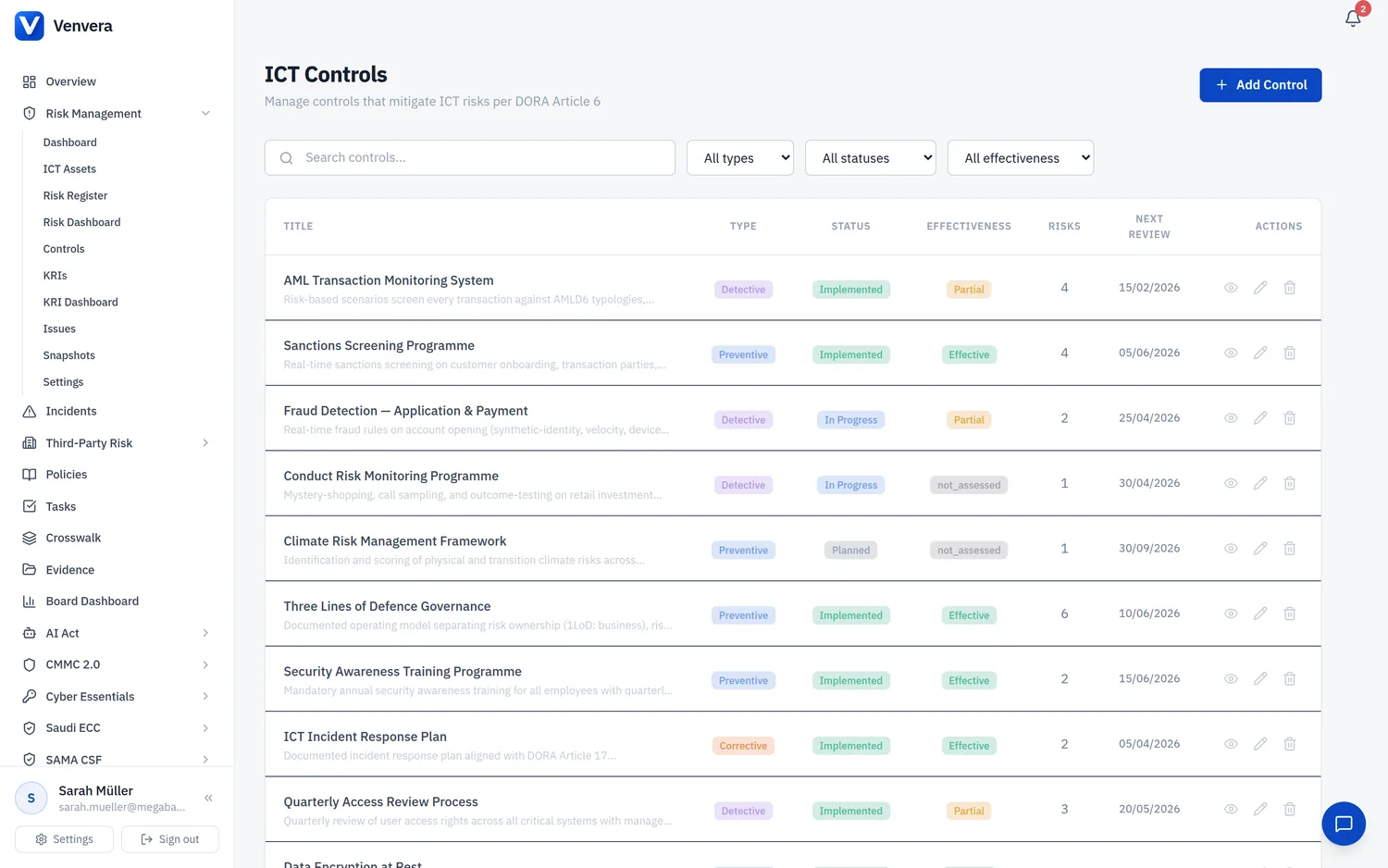 The ICT controls catalogue: each control with its type, implementation status, assessed effectiveness and framework mappings. Venvera ICT controls list with type, status and effectiveness