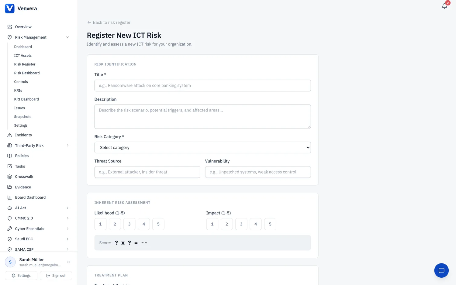 Venvera new risk form with likelihood and impact pill selectors