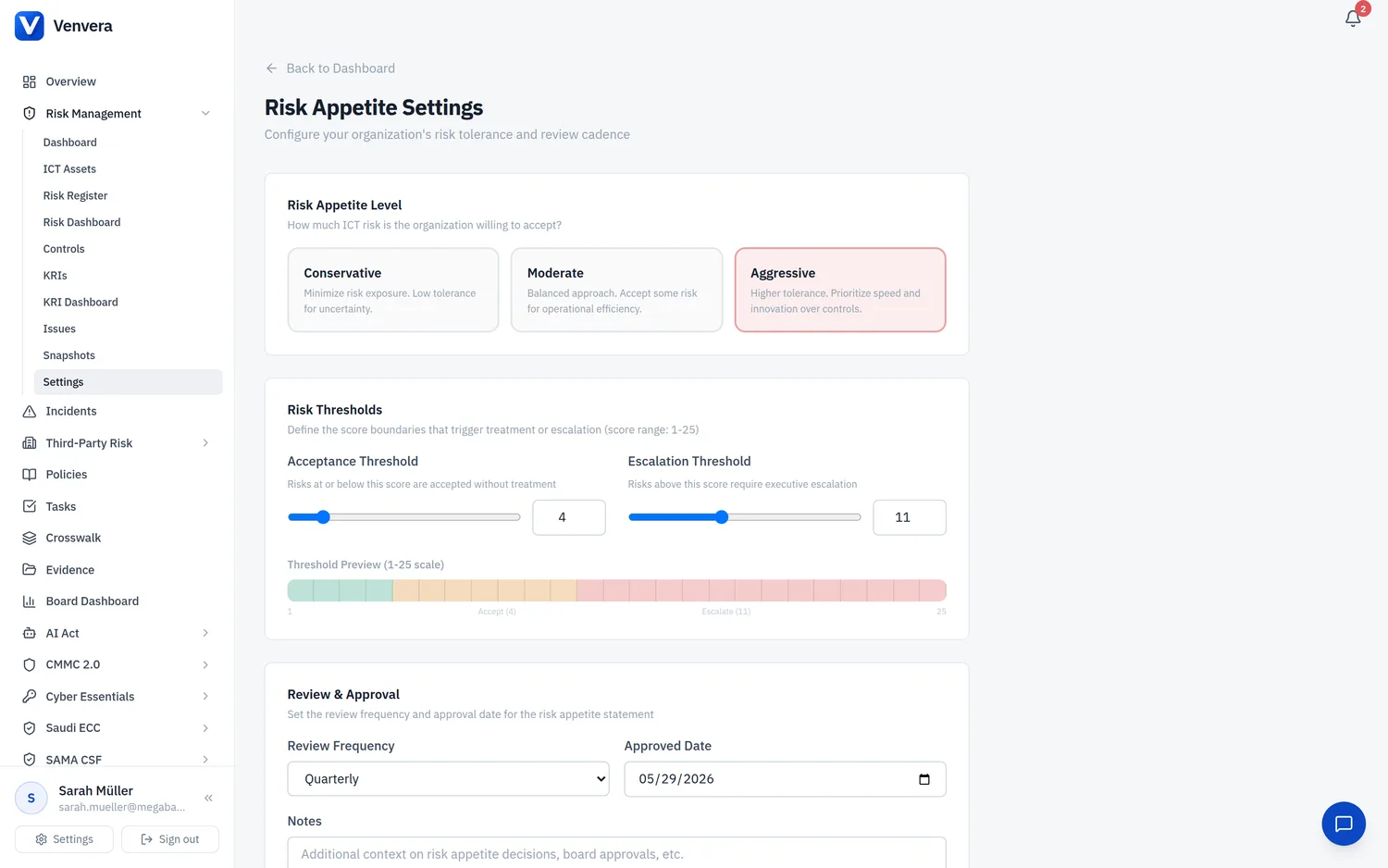 Venvera risk appetite settings with tolerance levels and threshold sliders