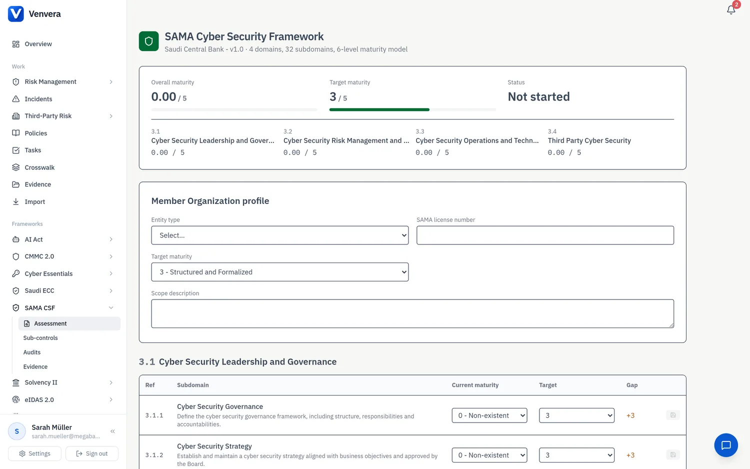 Venvera SAMA CSF compliance dashboard