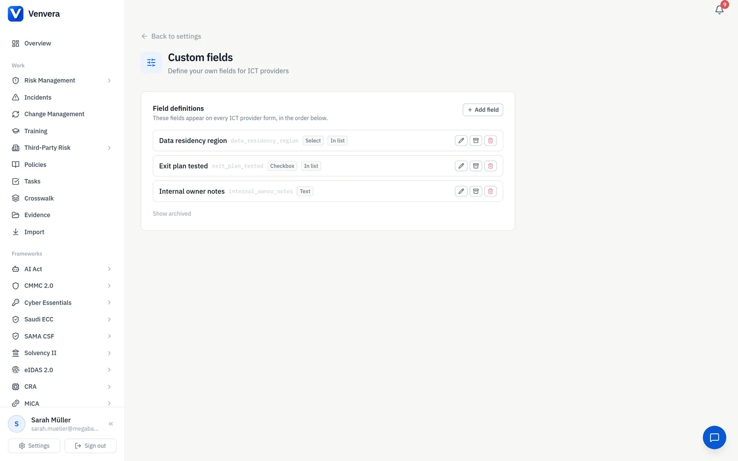 The Custom fields manager in Settings: each definition with its key, type, and whether it appears as a list column. Venvera custom field definitions manager in Settings