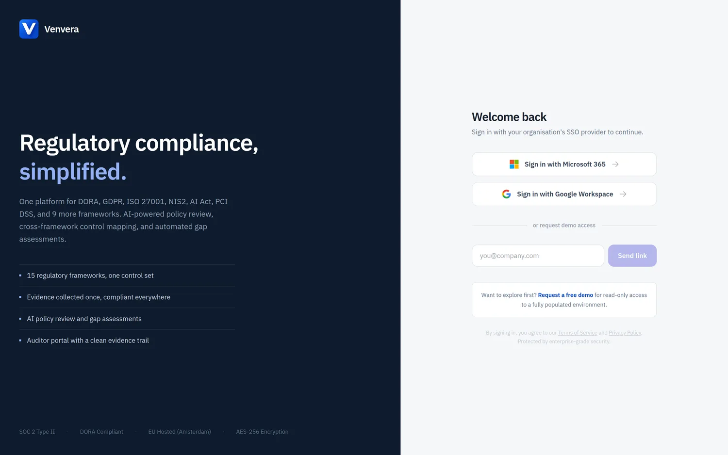 Venvera sign-in page with Microsoft 365 and Google Workspace single sign-on