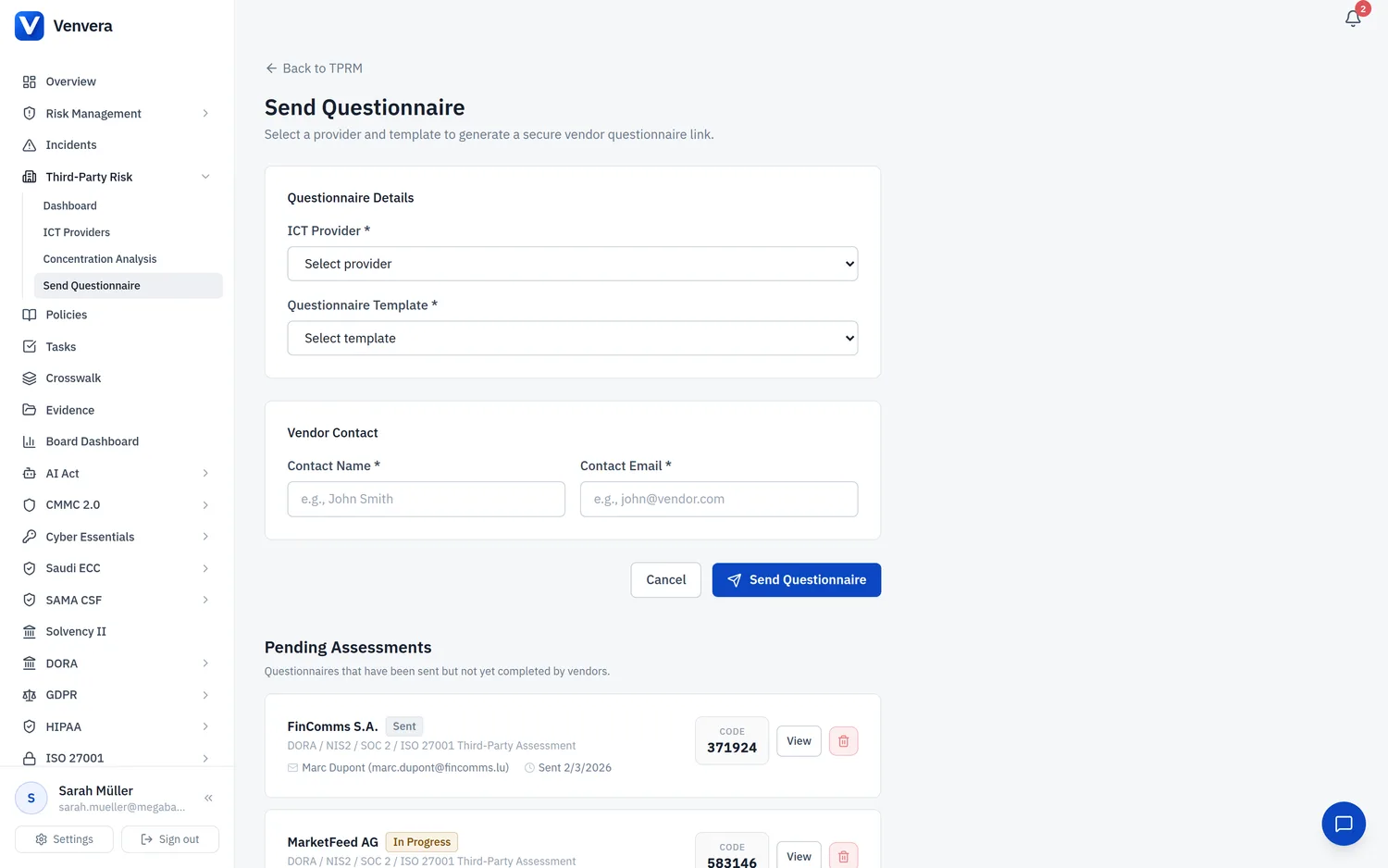 The send-questionnaire form: pick the provider and template, enter the vendor contact, and generate a secure portal link. Venvera send-questionnaire form
